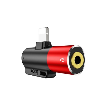Adaptador Lightning para Jack 3.5mm, com Porta Lightning para Carregamento, Hoco LS32 - Vermelho