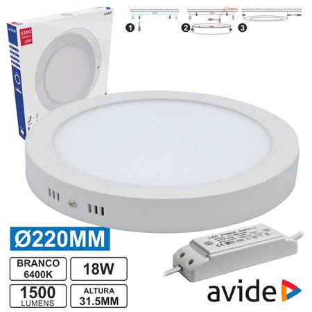 Painel Leds Redondo Superfície 18W 220Mm 6400K 1500Lm Avide