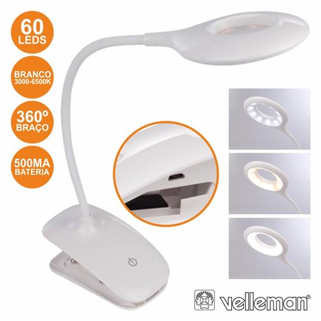 Candeeiro 60 Leds P/ Bancada C/ Grampo E Bat Velleman
