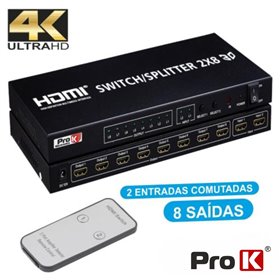 Distribuidor HDMI Amplificado 2 Entrada 8 Saídas 4K Prok