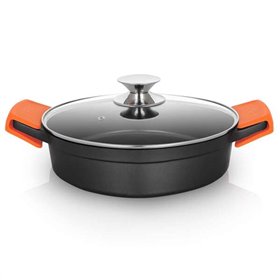 Caçarola Baixa Orbegozo CBD Série 2.8L - Alumínio Fundido Não Deformável - Alças de Silicone - Tampa de Vidro Temperado - Antiad