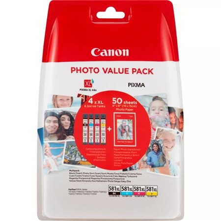 Canon CLI581XL 4-Pack Tinteiros originais - 50 folhas de papel fotográfico - 2052C004/2052C006