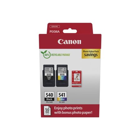 Canon PG540 Preto + CL541 Colorido Pack de 2 Tinteiros Originais + 50 Folhas de Papel Fotográfico - 5225B013