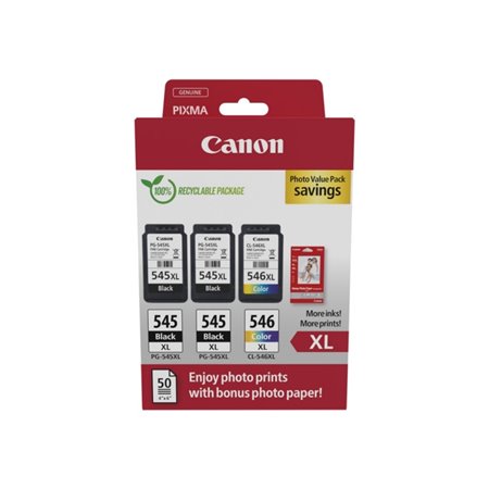 Canon PG545XL Preto + CL546XL Colorido Pack de 3 Tinteiros Originais + 50 Folhas de Papel Fotográfico - 8286B015
