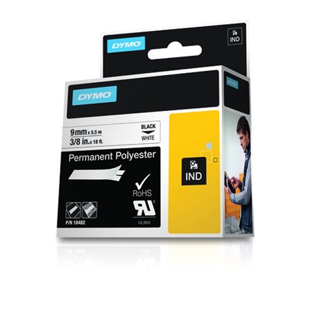 Etiquetas original Dymo Rhino ID1-9 para etiquetadora - Texto preto em fundo branco - 9 mm de largura x 5,5 metros - 18482